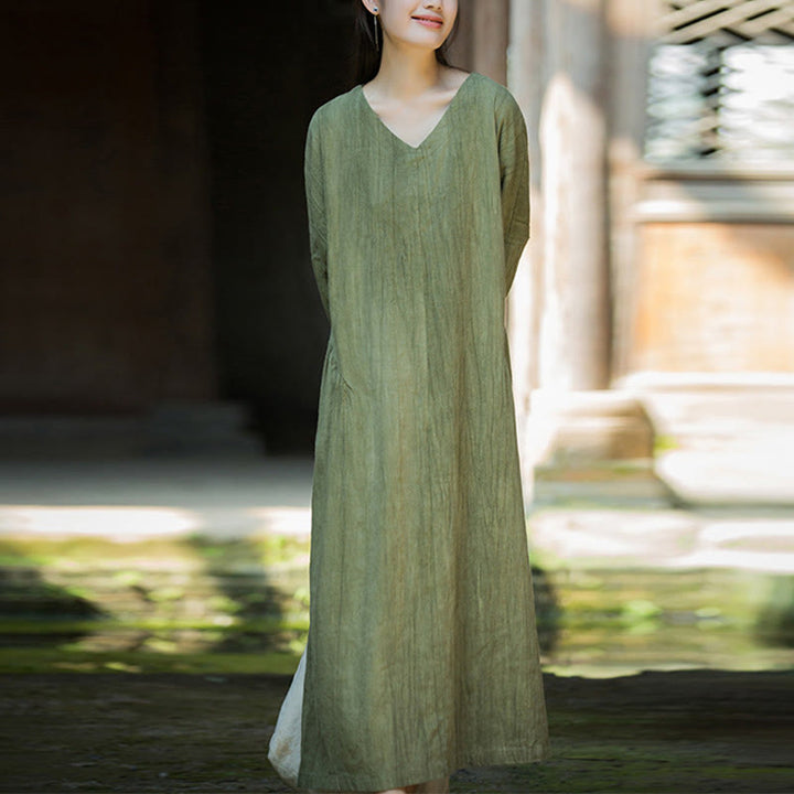 Robe mi-longue en lin ramie à manches longues et col en V de couleur unie avec Buddha Stones - Vert olive - US4-8/10，UK/AU8-12/14，EU36-40/42 (F) - image 0