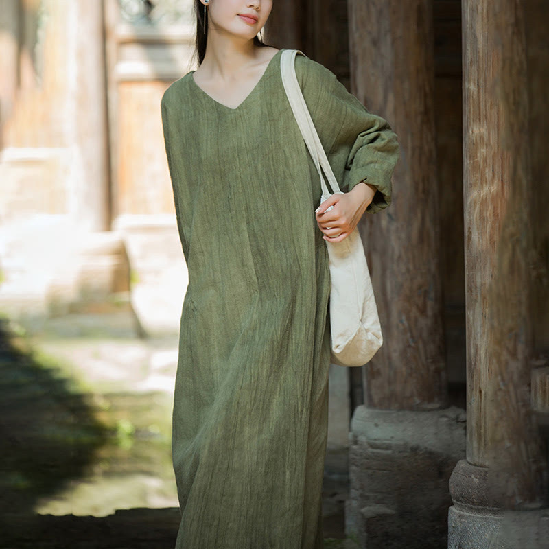 Robe mi-longue en lin ramie à manches longues et col en V de couleur unie avec Buddha Stones