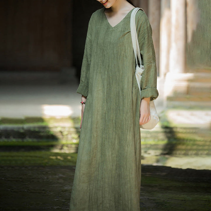 Robe mi-longue en lin ramie à manches longues et col en V de couleur unie avec Buddha Stones