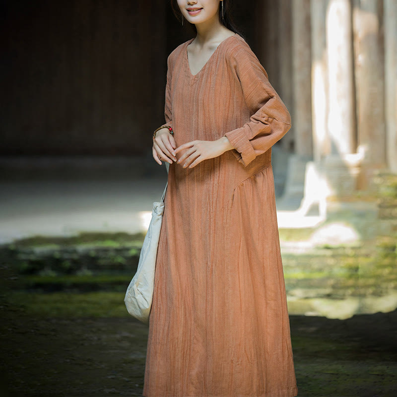 Robe mi-longue en lin ramie à manches longues et col en V de couleur unie avec Buddha Stones