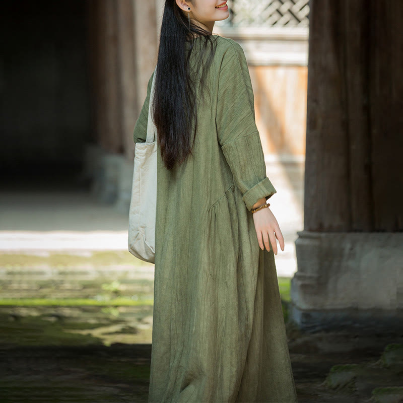 Robe mi-longue en lin ramie à manches longues et col en V de couleur unie avec Buddha Stones - image 4