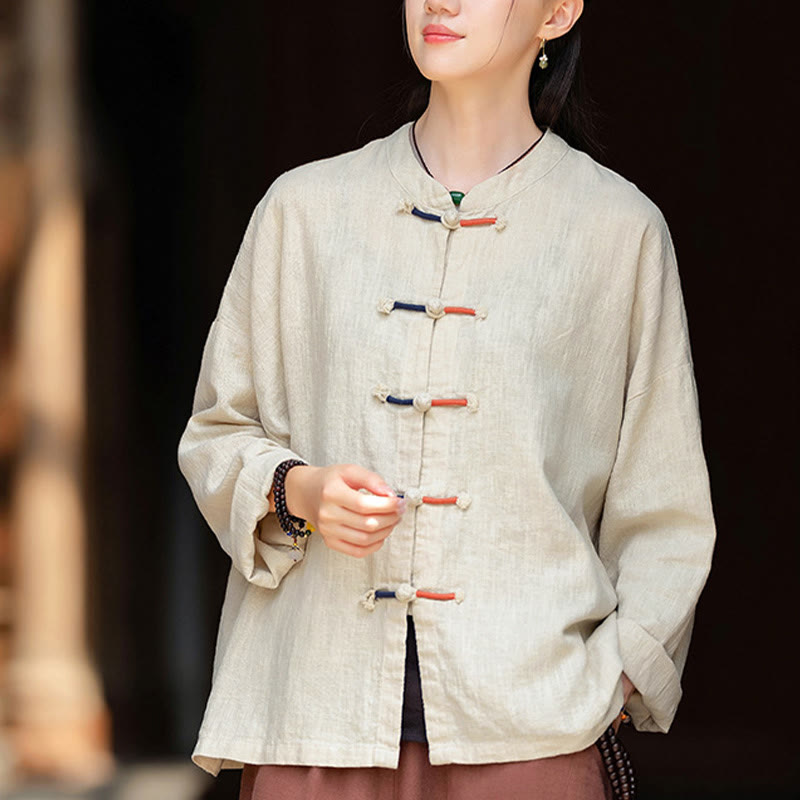 Chemise femme en lin ramie à manches longues et boutons de grenouille bicolores de couleur unie Buddha Stones - image 1