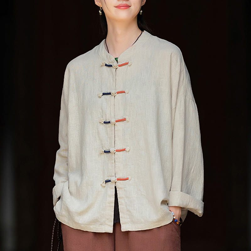 Chemise femme en lin ramie à manches longues et boutons de grenouille bicolores de couleur unie Buddha Stones - Beige - US4-12，UK/AU8-16，EU36-44 (F) - image 0