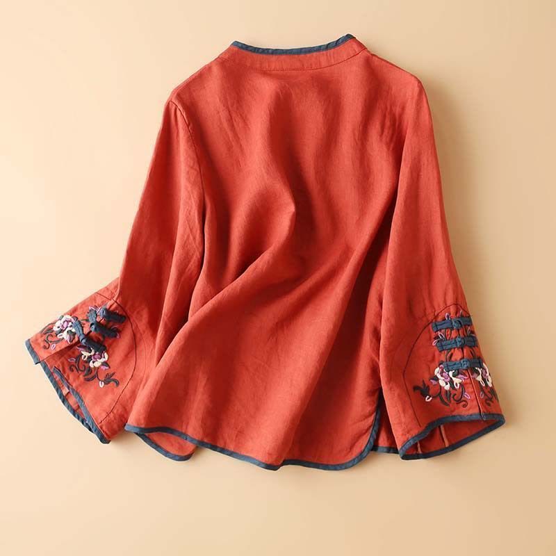 Chemise à manches longues en coton et lin pour femme avec broderie de fleurs rétro et Buddha Stones