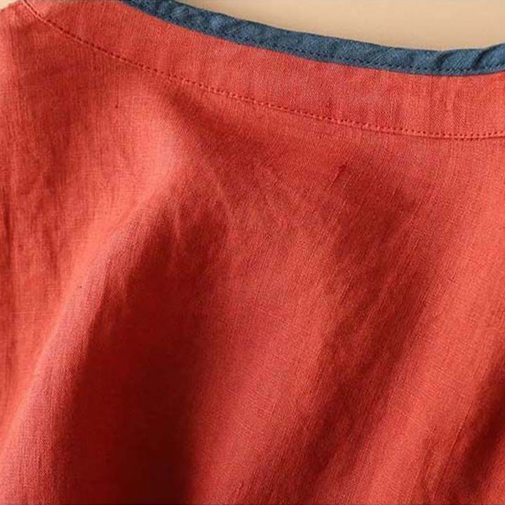 Chemise à manches longues en coton et lin pour femme avec broderie de fleurs rétro et Buddha Stones