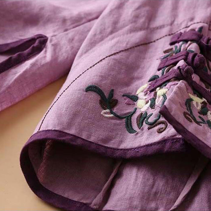 Chemise à manches longues en coton et lin pour femme avec broderie de fleurs rétro et Buddha Stones