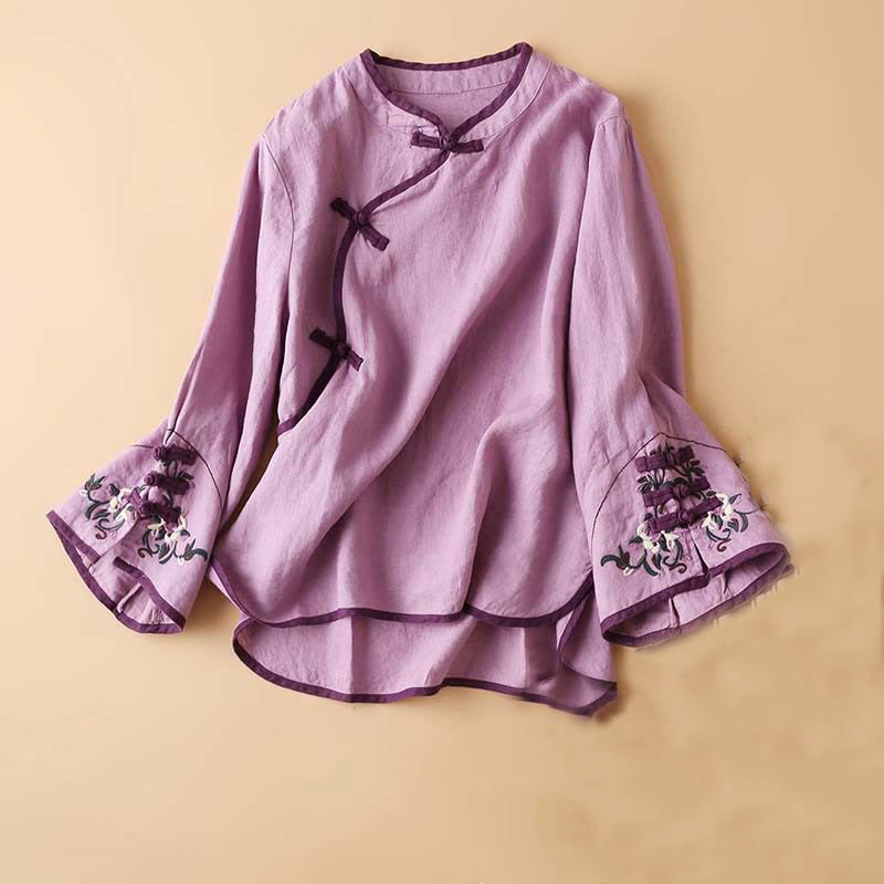 Chemise à manches longues en coton et lin pour femme avec broderie de fleurs rétro et Buddha Stones