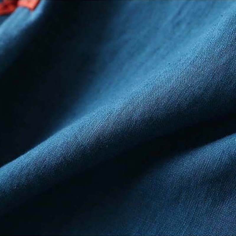 Chemise à manches longues en coton et lin pour femme avec broderie de fleurs rétro et Buddha Stones