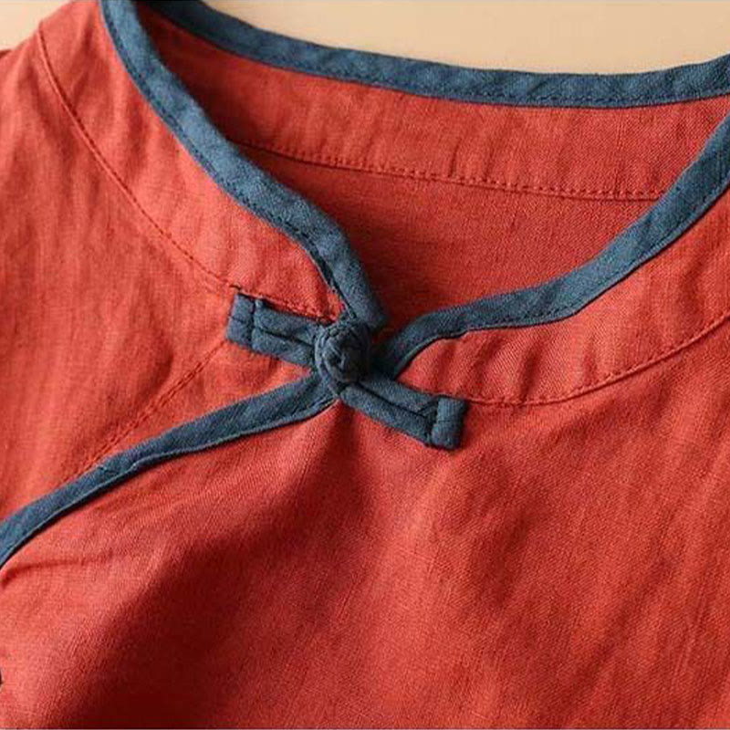 Chemise à manches longues en coton et lin pour femme avec broderie de fleurs rétro et Buddha Stones