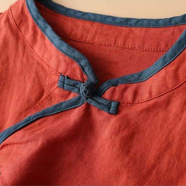 Chemise à manches longues en coton et lin pour femme avec broderie de fleurs rétro et Buddha Stones