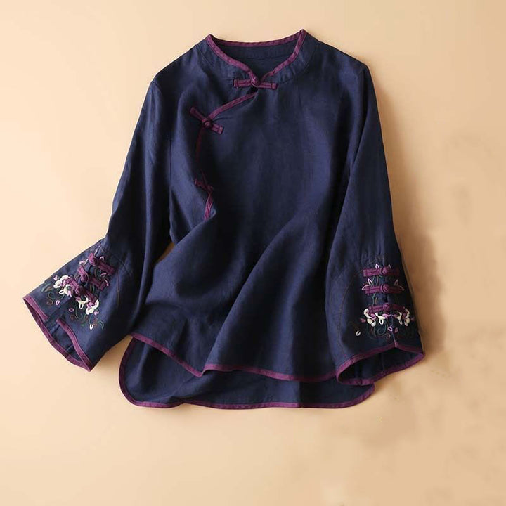 Chemise à manches longues en coton et lin pour femme avec broderie de fleurs rétro et Buddha Stones