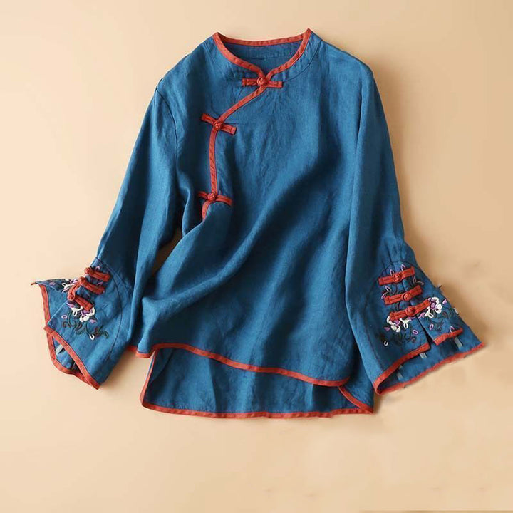 Chemise à manches longues en coton et lin pour femme avec broderie de fleurs rétro et Buddha Stones