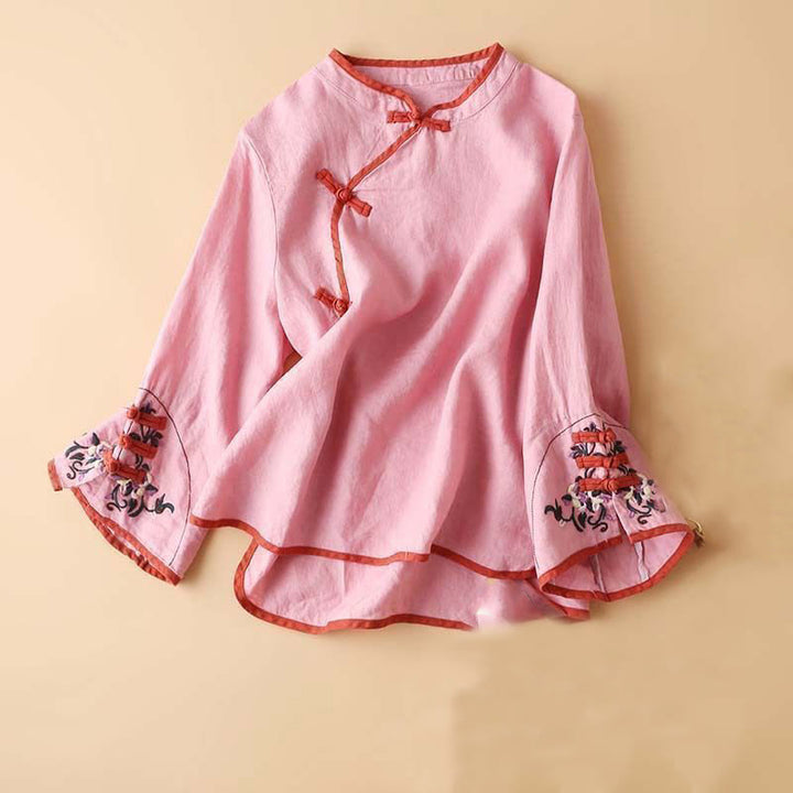 Chemise à manches longues en coton et lin pour femme avec broderie de fleurs rétro et Buddha Stones