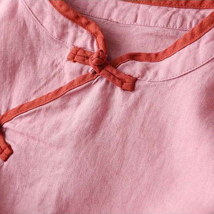 Chemise à manches longues en coton et lin pour femme avec broderie de fleurs rétro et Buddha Stones