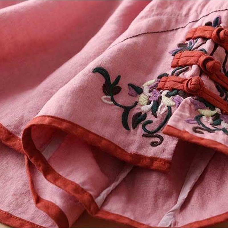 Chemise à manches longues en coton et lin pour femme avec broderie de fleurs rétro et Buddha Stones
