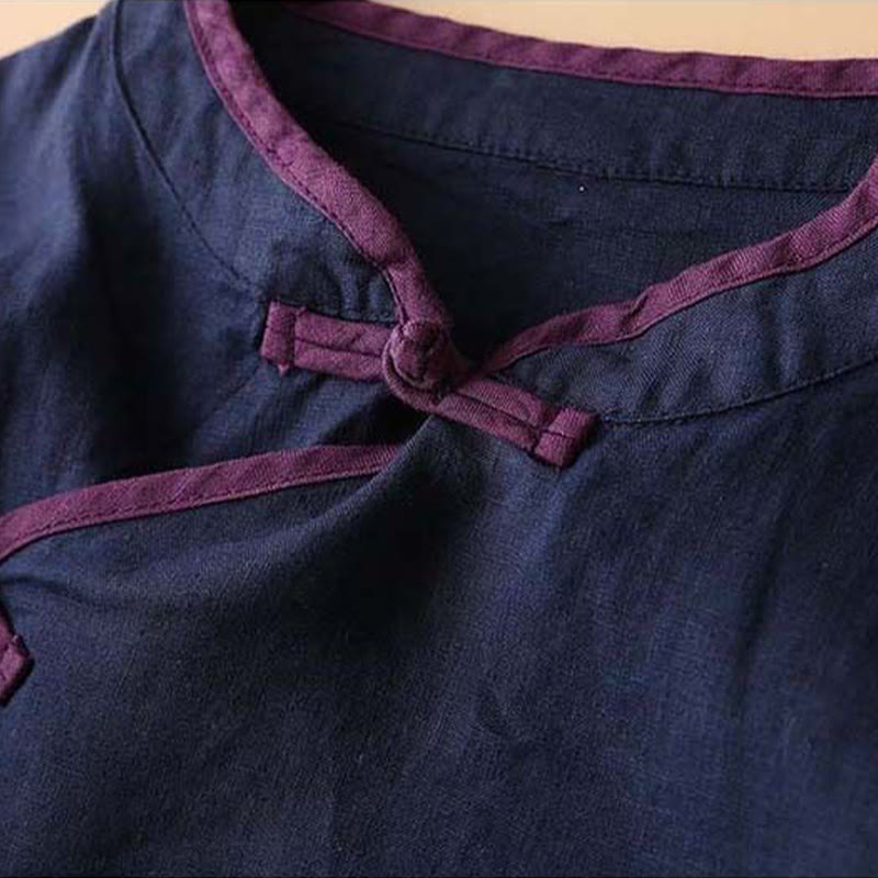 Chemise à manches longues en coton et lin pour femme avec broderie de fleurs rétro et Buddha Stones