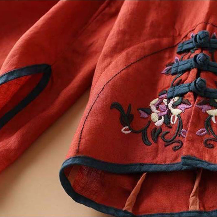 Chemise à manches longues en coton et lin pour femme avec broderie de fleurs rétro et Buddha Stones