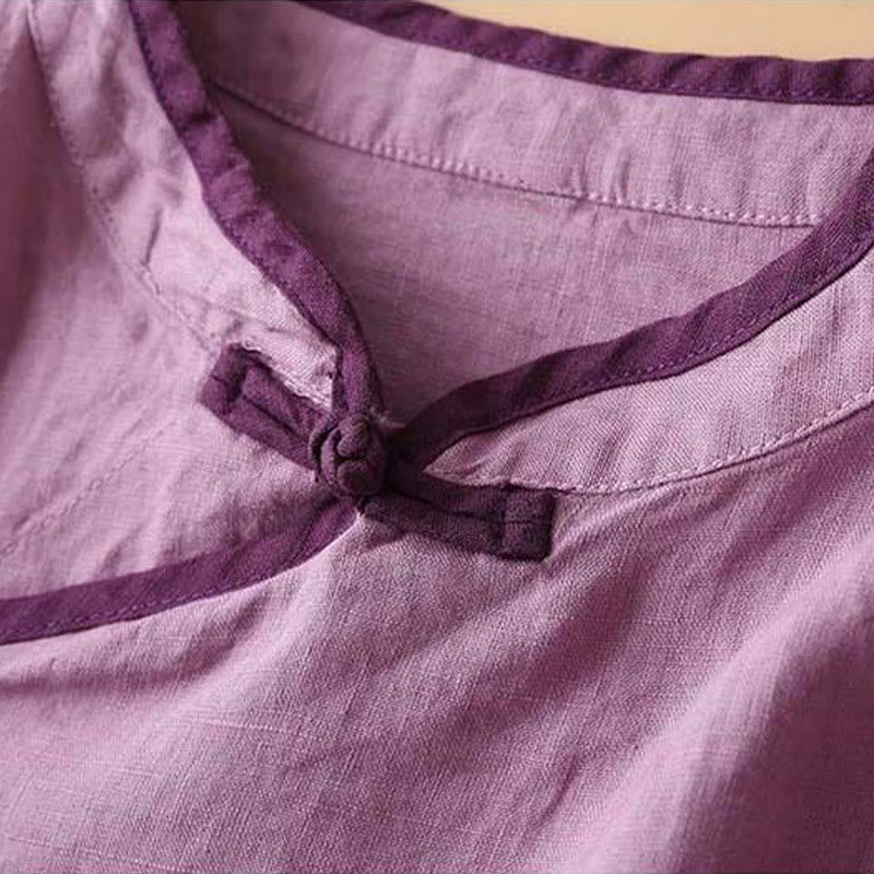 Chemise à manches longues en coton et lin pour femme avec broderie de fleurs rétro et Buddha Stones