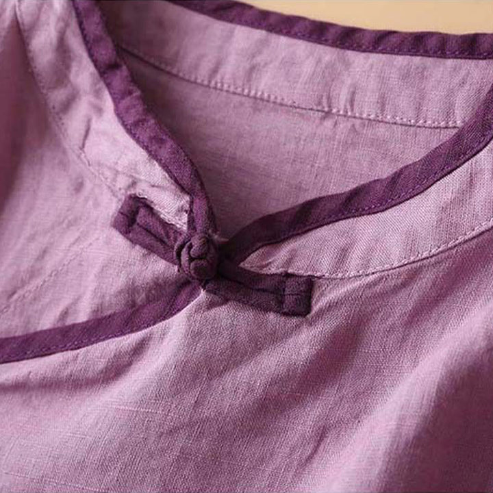 Chemise à manches longues en coton et lin pour femme avec broderie de fleurs rétro et Buddha Stones