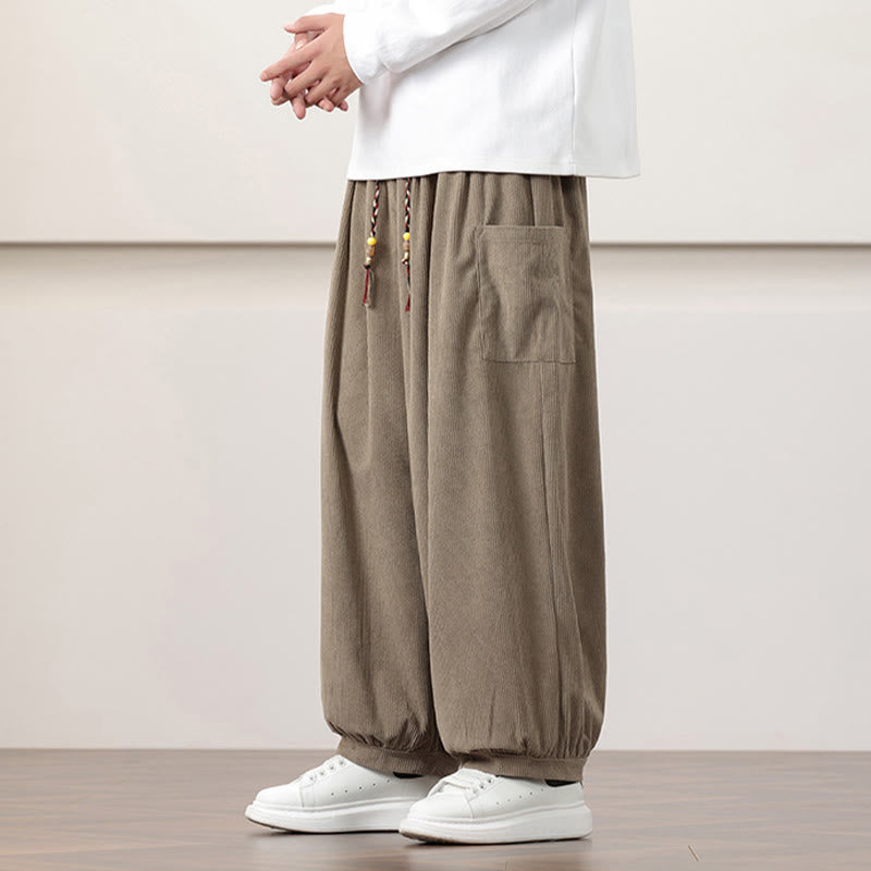 Pantalon Buddha Stones côtelé de couleur unie avec cordon de serrage et poches pour homme - image 24
