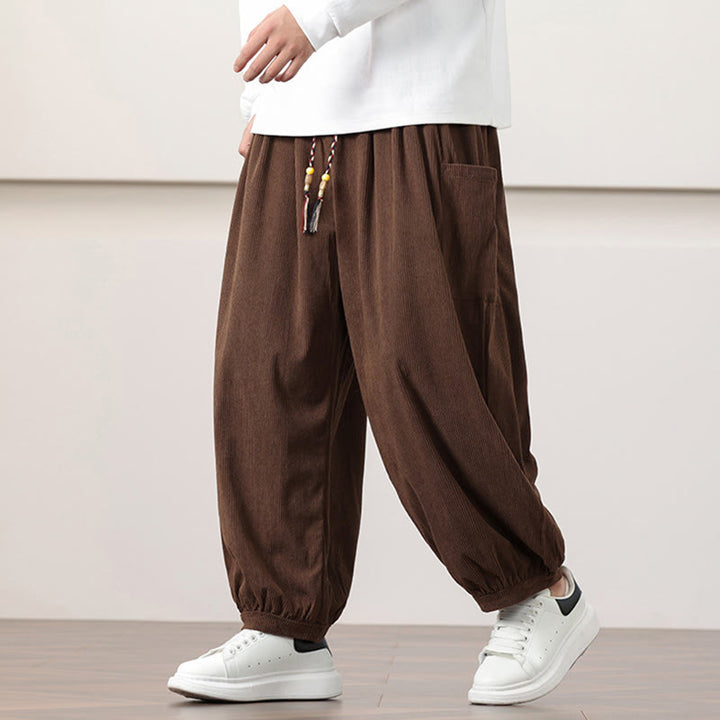 Pantalon Buddha Stones côtelé de couleur unie avec cordon de serrage et poches pour homme