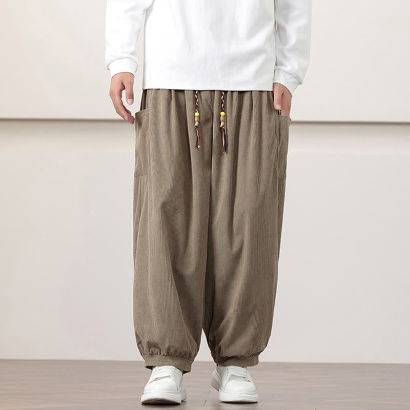 Pantalon Buddha Stones côtelé de couleur unie avec cordon de serrage et poches pour homme
