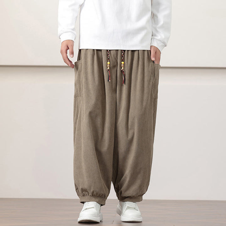 Pantalon Buddha Stones côtelé de couleur unie avec cordon de serrage et poches pour homme