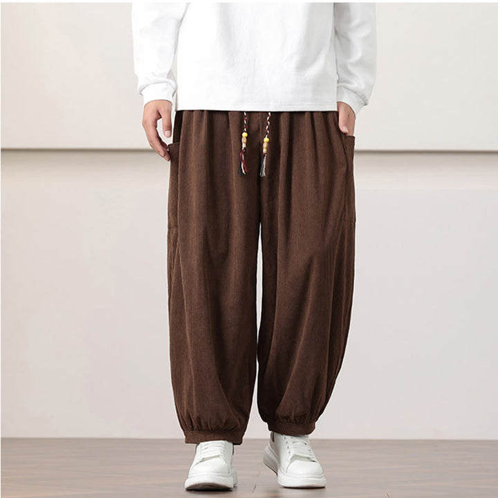 Pantalon Buddha Stones côtelé de couleur unie avec cordon de serrage et poches pour homme