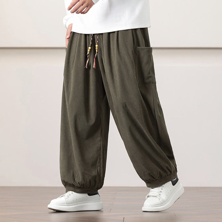 Pantalon Buddha Stones côtelé de couleur unie avec cordon de serrage et poches pour homme - Olive - US/UK/AU46，EU56 (5XL) - image 0