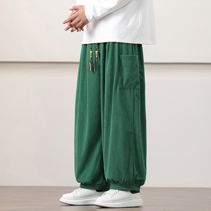 Pantalon Buddha Stones côtelé de couleur unie avec cordon de serrage et poches pour homme
