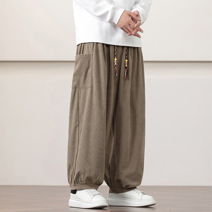 Pantalon Buddha Stones côtelé de couleur unie avec cordon de serrage et poches pour homme