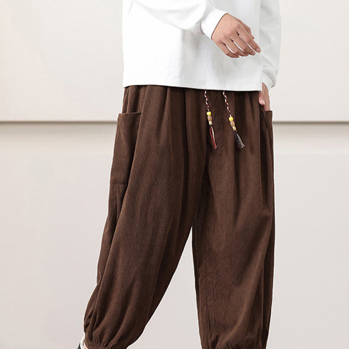 Pantalon Buddha Stones côtelé de couleur unie avec cordon de serrage et poches pour homme