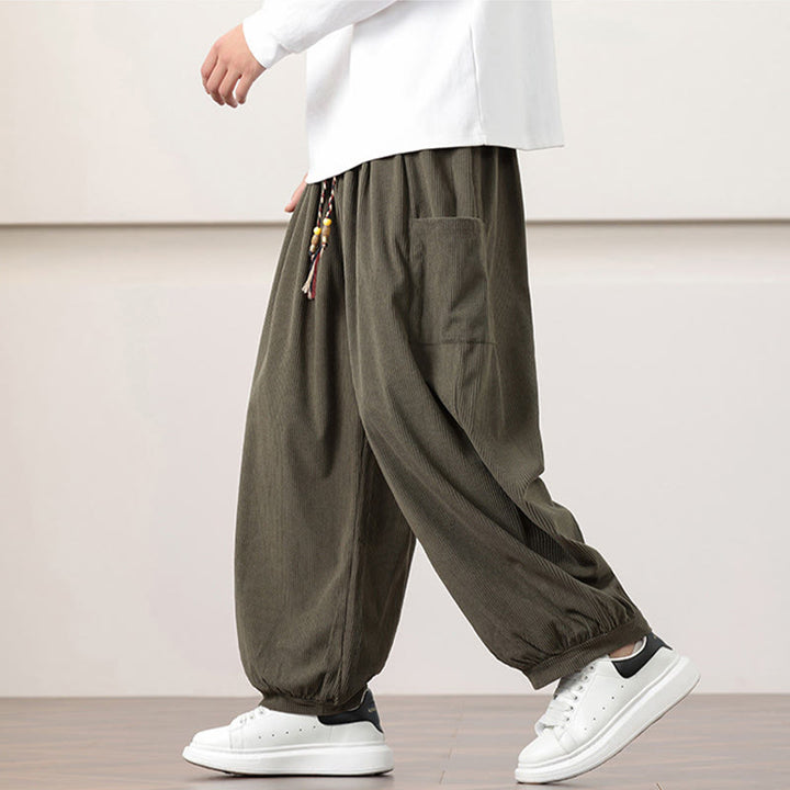 Pantalon Buddha Stones côtelé de couleur unie avec cordon de serrage et poches pour homme