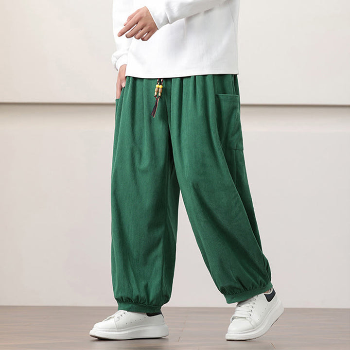 Pantalon Buddha Stones côtelé de couleur unie avec cordon de serrage et poches pour homme