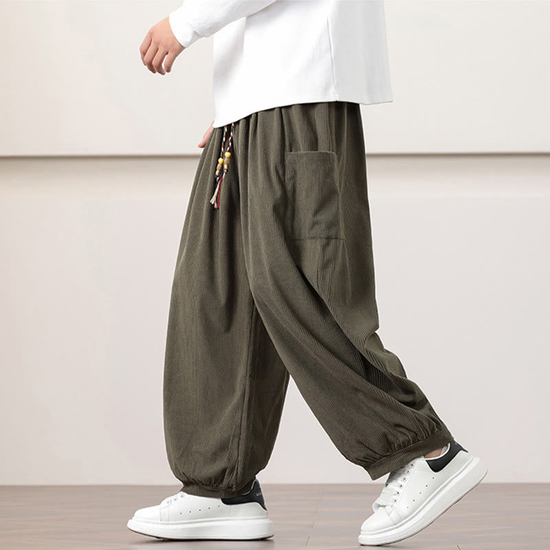 Pantalon Buddha Stones côtelé de couleur unie avec cordon de serrage et poches pour homme