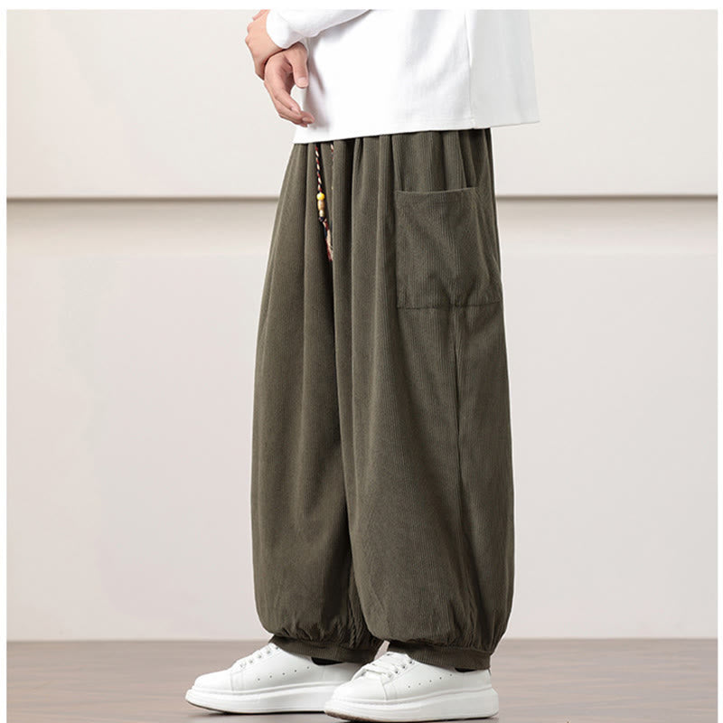 Pantalon Buddha Stones côtelé de couleur unie avec cordon de serrage et poches pour homme
