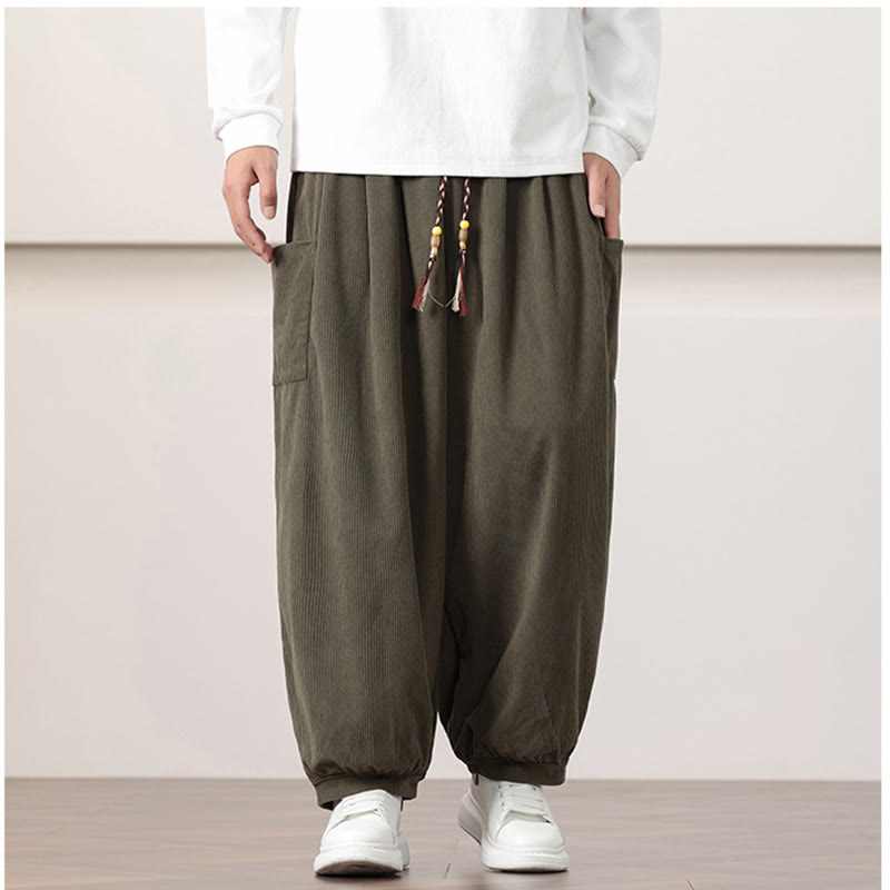 Pantalon Buddha Stones côtelé de couleur unie avec cordon de serrage et poches pour homme - image 1