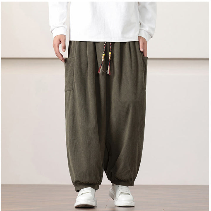 Pantalon Buddha Stones côtelé de couleur unie avec cordon de serrage et poches pour homme - image 1