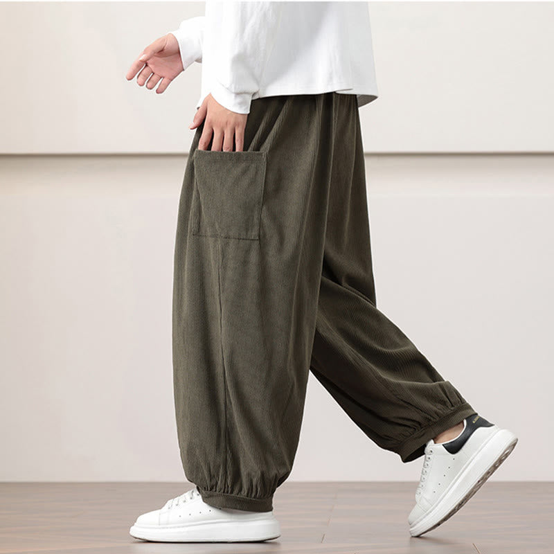 Pantalon Buddha Stones côtelé de couleur unie avec cordon de serrage et poches pour homme