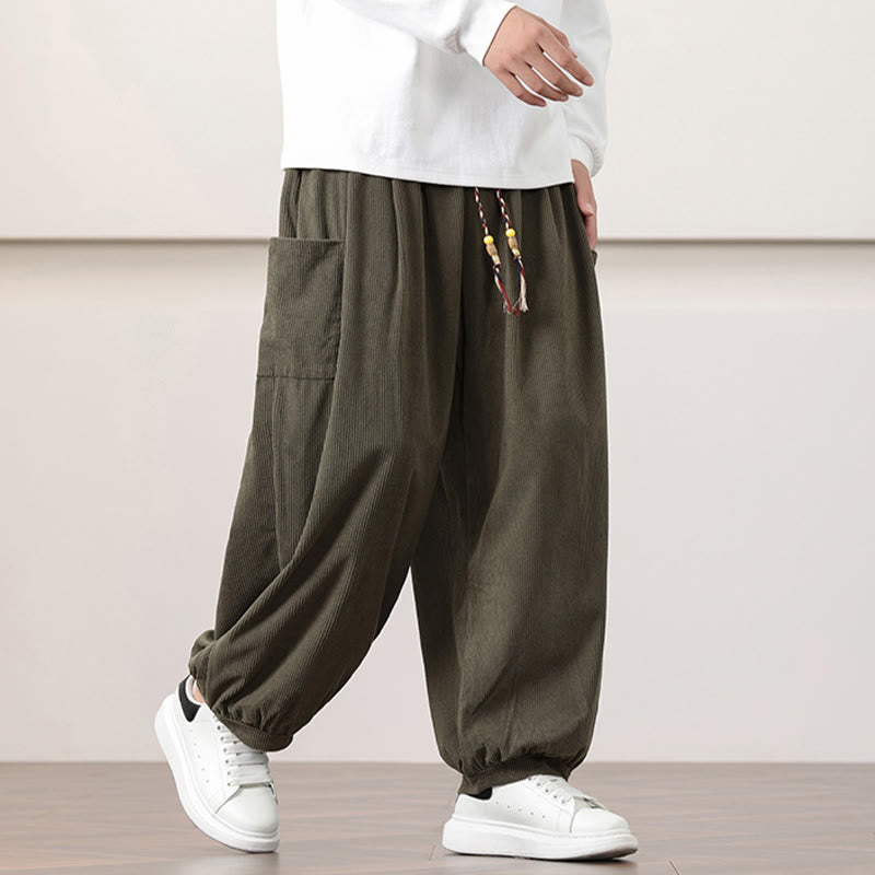 Pantalon Buddha Stones côtelé de couleur unie avec cordon de serrage et poches pour homme
