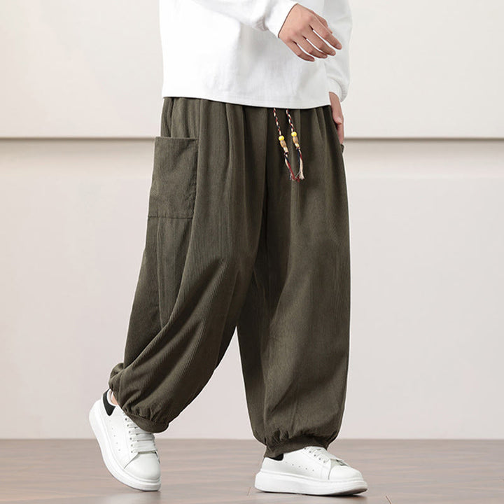Pantalon Buddha Stones côtelé de couleur unie avec cordon de serrage et poches pour homme