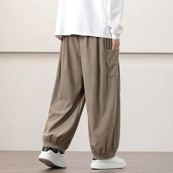 Pantalon Buddha Stones côtelé de couleur unie avec cordon de serrage et poches pour homme