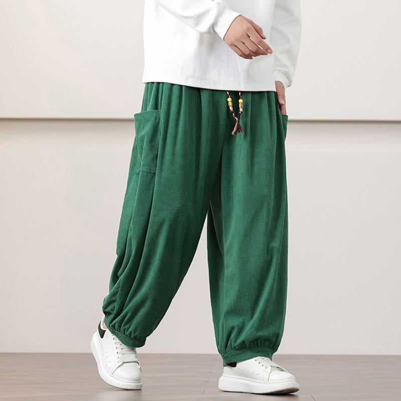 Pantalon Buddha Stones côtelé de couleur unie avec cordon de serrage et poches pour homme