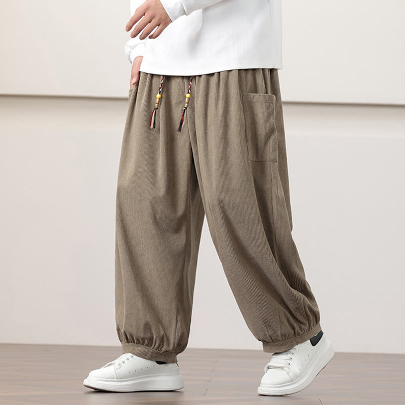 Pantalon Buddha Stones côtelé de couleur unie avec cordon de serrage et poches pour homme