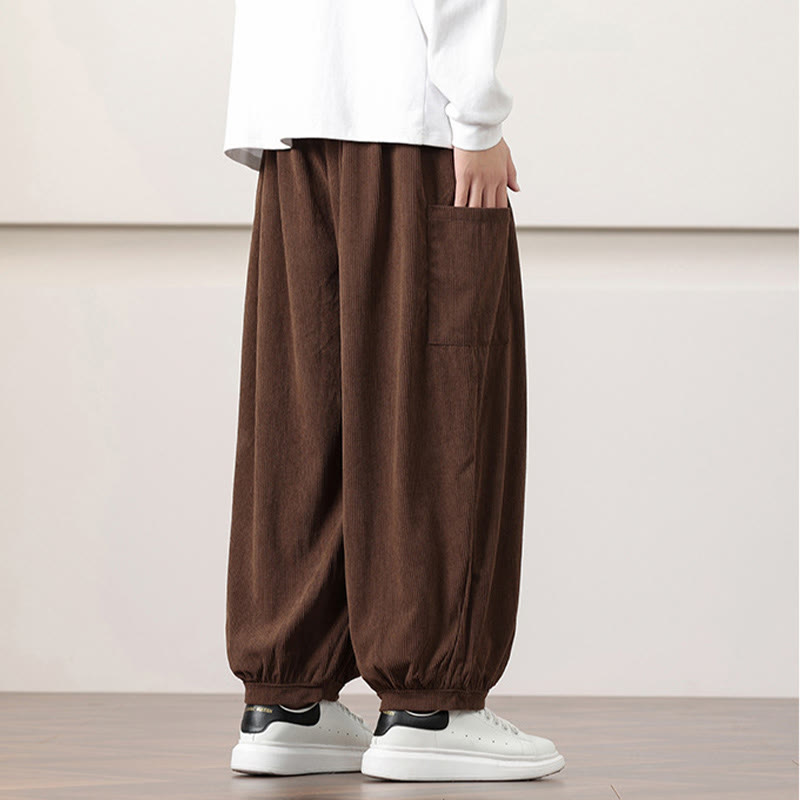 Pantalon Buddha Stones côtelé de couleur unie avec cordon de serrage et poches pour homme