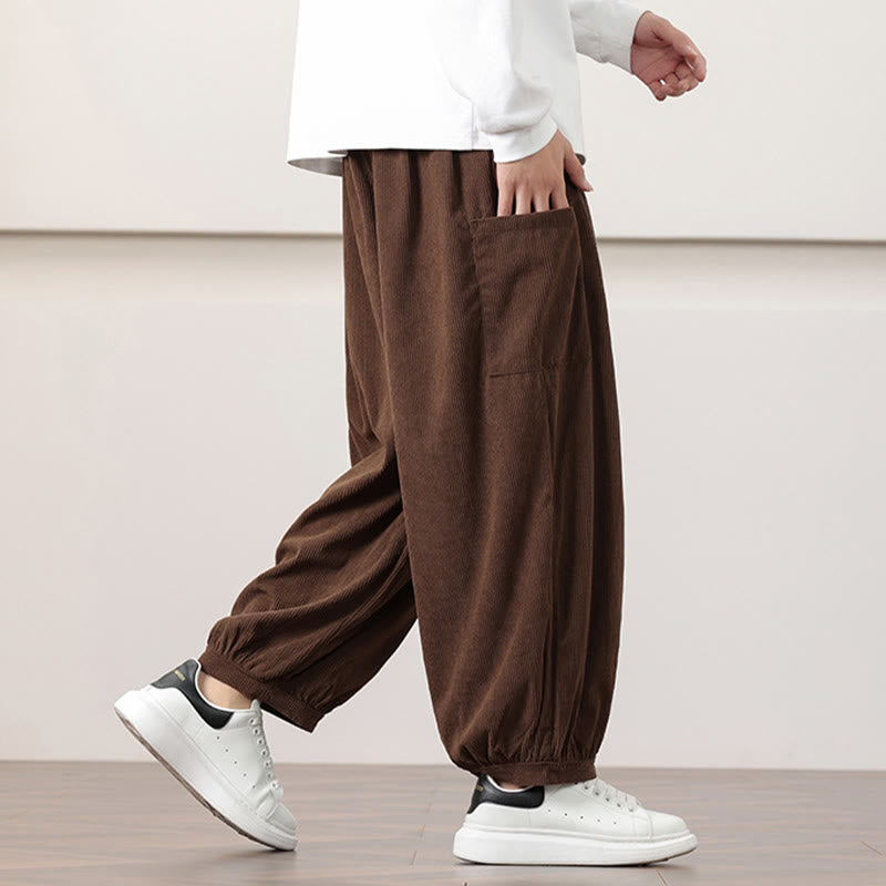 Pantalon Buddha Stones côtelé de couleur unie avec cordon de serrage et poches pour homme - image 40