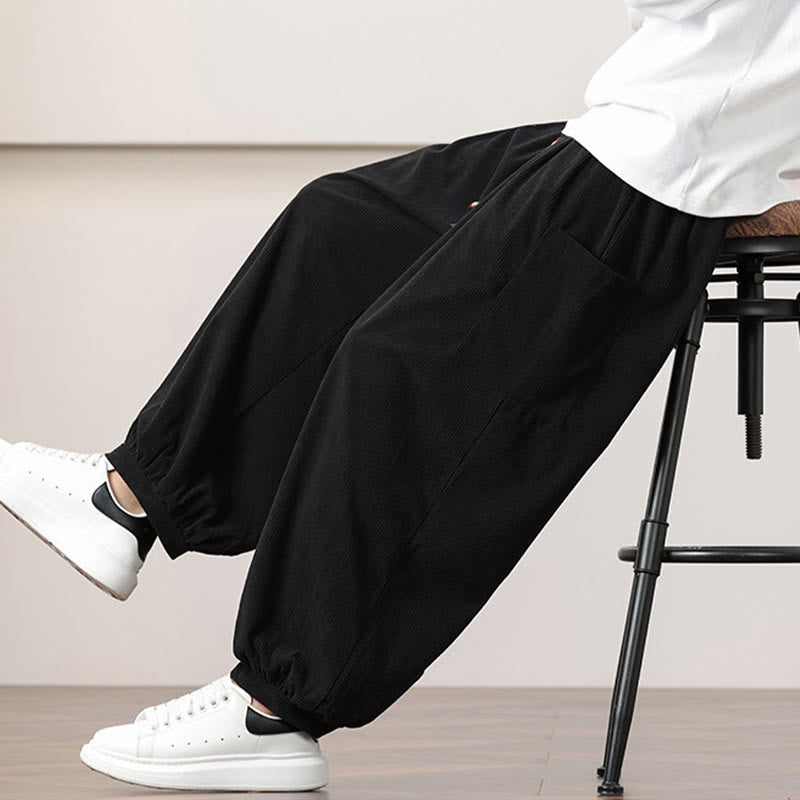Pantalon Buddha Stones côtelé de couleur unie avec cordon de serrage et poches pour homme - image 16