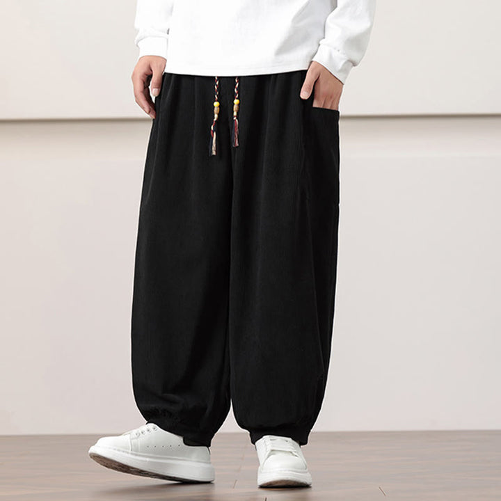 Pantalon Buddha Stones côtelé de couleur unie avec cordon de serrage et poches pour homme - image 12