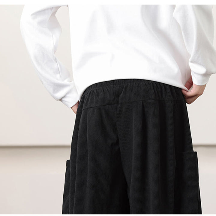 Pantalon Buddha Stones côtelé de couleur unie avec cordon de serrage et poches pour homme - image 19
