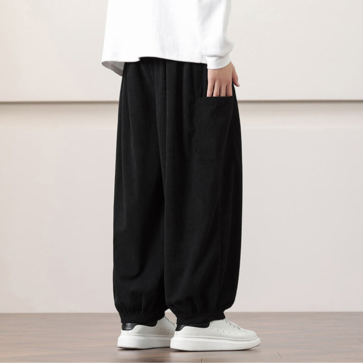 Pantalon Buddha Stones côtelé de couleur unie avec cordon de serrage et poches pour homme - image 15